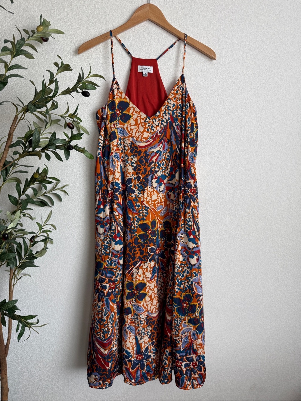 Tahari Orange Blue Floral Boho Summer Vacation Maxi Dress Women’s Size Medium